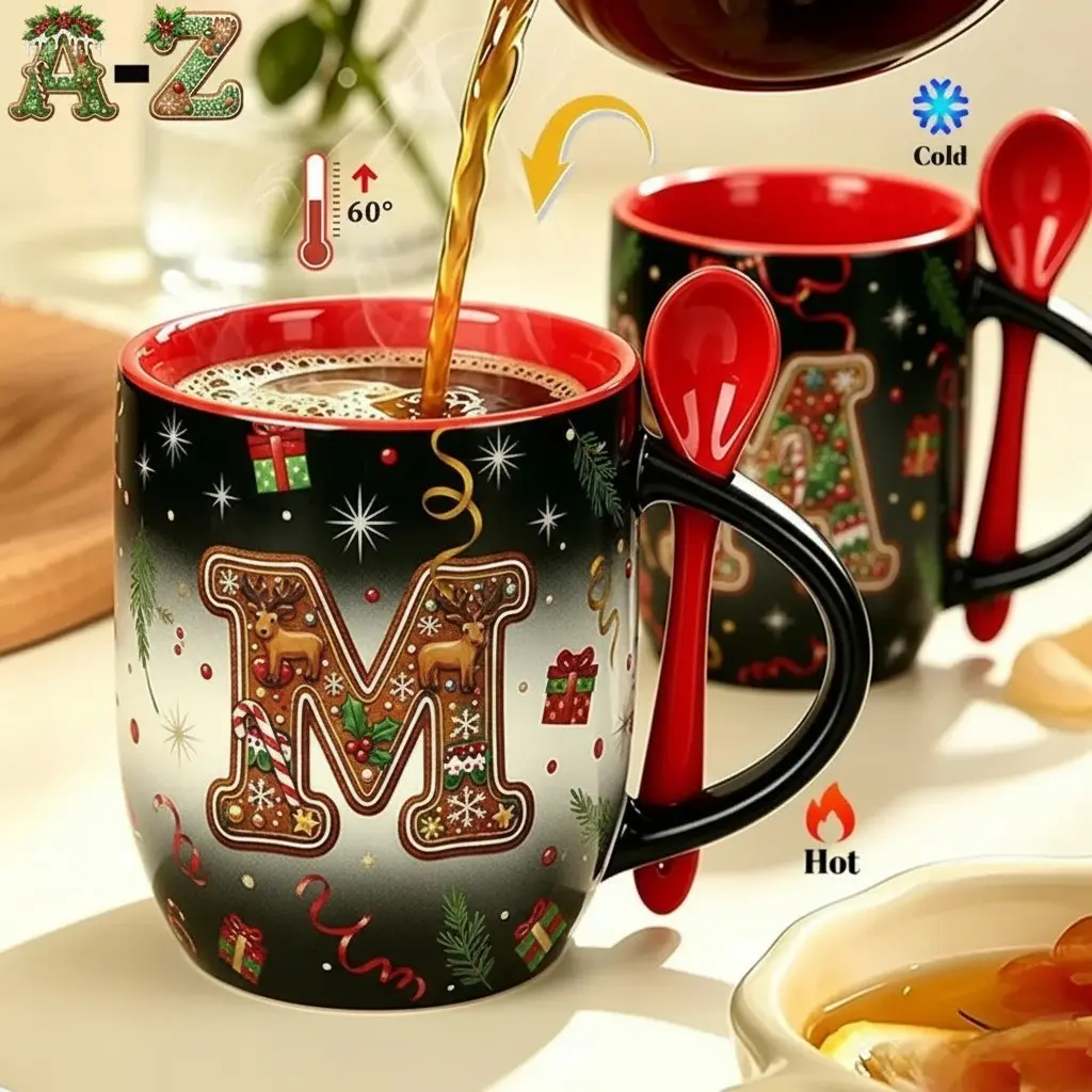1pc A-Z Christmas Alphabet Heat-Sensitive Color-Changing Ceramic Mug with Red Spoon, Personalized Initial Magic Cup - Add Hot Water to Reveal Festive Gingerbread-Themed Letter (with Reindeer, Gifts & Candy Cane Accents), Unique Holiday Gift for Famil