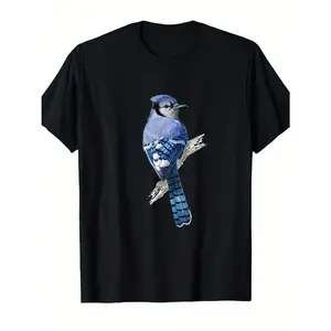 Women's nature and wildlife Graphic T-Shirt - Short Sleeve Crew Neck Regular Fit Casual Wear | Soft & Breathable Fabric, Durable Print, Everyday Comfort, Machine Washable, realistic illustration a blue jay perched on a branch