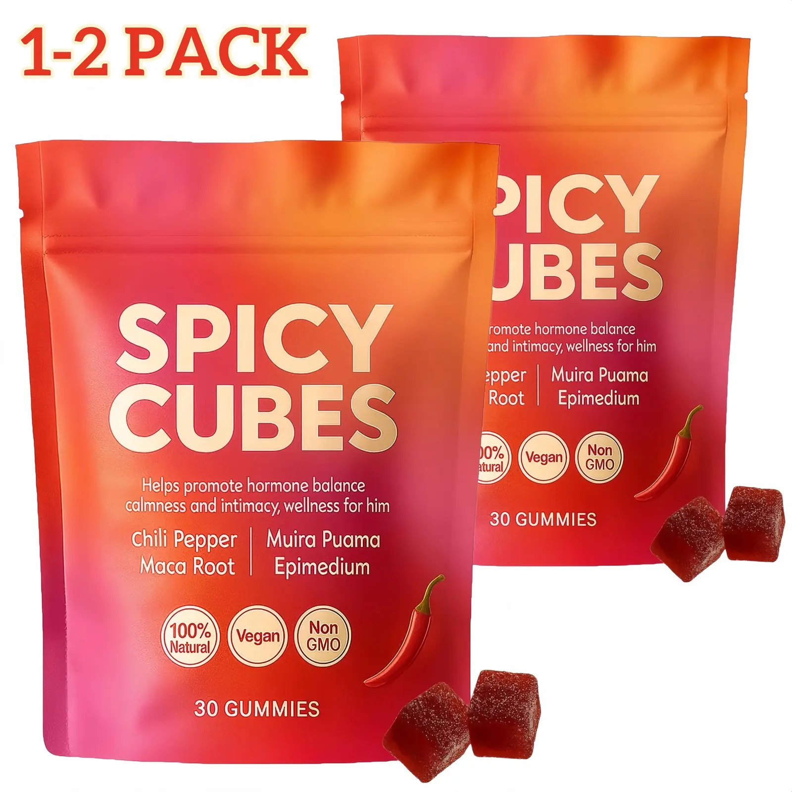 Peach Gummies Spicy Cubes, Hot Peach Flavor with L Theanine, Green Tea Extract, Maca Root & Ginger, 30 Gummies, Calm and Relaxation Support