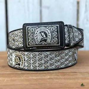Black and Silver “Caballo Herradura” Western Style Belt Made with Genuine Leather and Metallic Thread Embroidery