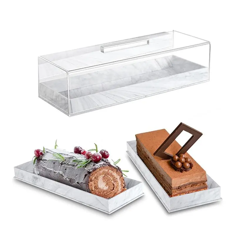 Marbled Look Acrylic Rectangular Serving Tray with Lid Protection - Modern Home Decor Dessert Display Stand, Pastry Holder