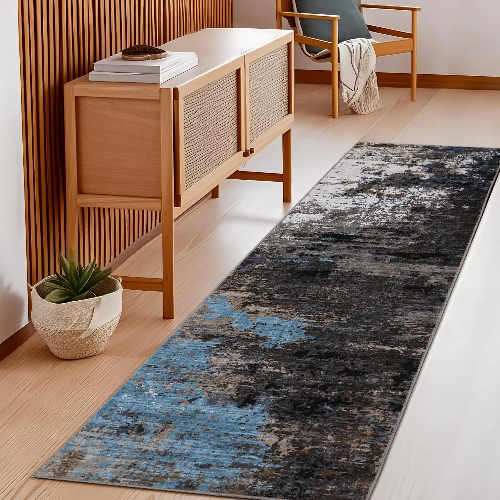 GARVEE 2x6 Washable Modern Area Rug (Alfombras para Sala), Abstract Low-Pile Accent Carpet with Non-Slip Backing, Colorful Throw Rug for Bedroom, Living Room, Grey Brown