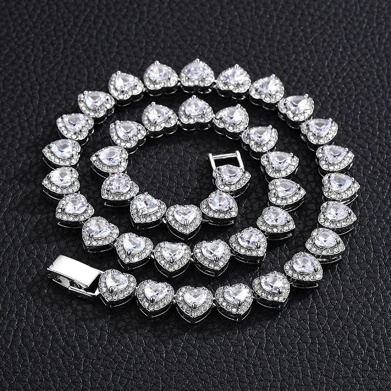 European and American New Heart-Shaped Zircon Rock Sugar Chain Punk HipHop Fashion Brand Full Diamond Cuban Chain Wholesale Foreign Trade Exclusive