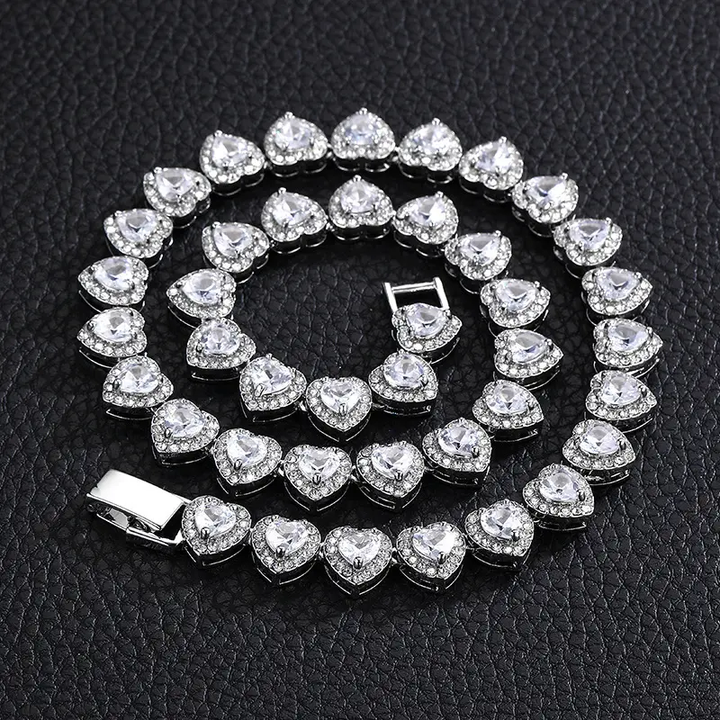 European and American New Heart-Shaped Zircon Rock Sugar Chain Punk HipHop Fashion Brand Full Diamond Cuban Chain Wholesale Foreign Trade Exclusive