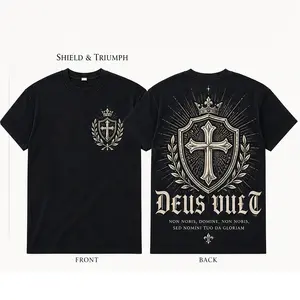Unisex 100% Cotton Oversized T-Shirt | Gothic Crusader Shield Cross Crown Laurel Print, Christian Religious Streetwear Graphic Tee for Men & Women-ZB