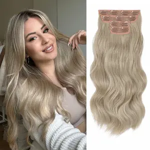 [Vigorous]  Ash Blonde Clip in Hair Extensions Long Wavy Synthetic Hairpieces Easy to Wear for Women Girls Daily Use Event Party Use Instant Length Styling