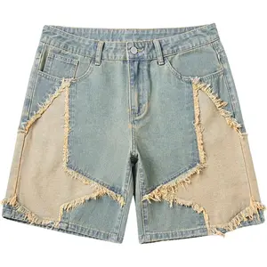 VIPWOLF Men's Star Graphic Jorts Y2K Distressed Jean Shorts Goth Vintage Frayed Raw Hem Denim Shorts Drippy Streetwear