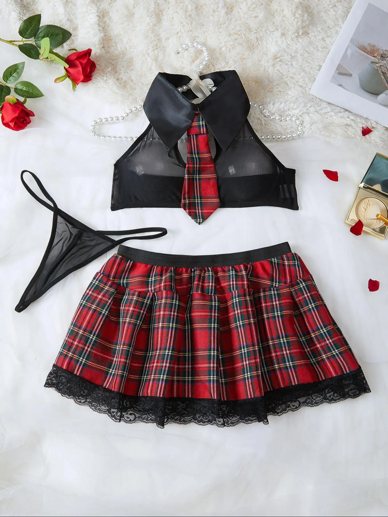 Women's Plaid Print Sheer Lace Sexy School Girl Lingerie Set, Breathable Elegance Romantic Sexy Tie Decor Halter Crop Top & Thong & Contrast Lace Skir