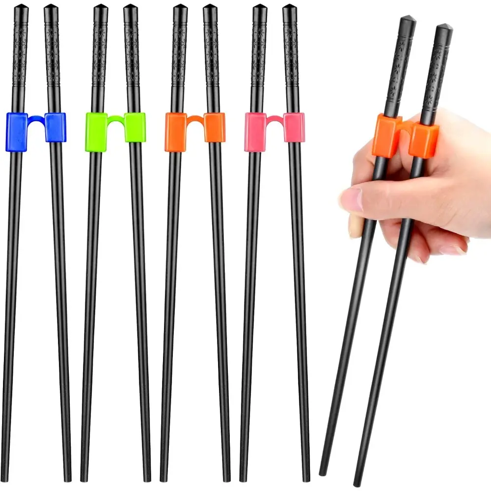 5-Pair Reusable Black Plastic Chopstick Trainers for Beginners & Arthritic Hands, Unisex All Ages Tableware Helpers, Lightweight, Non-Slippery, Replaceable, Heat-Resistant, Clip-On Travel Kitchen Cutlery Set