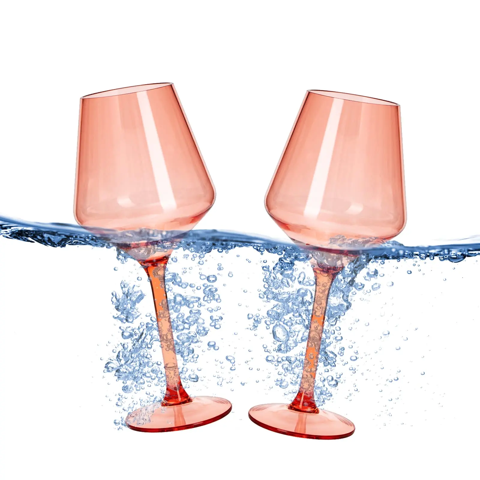 Floating Wine Glasses for Pool (18 Oz | Set of 2) - Wine Glass Set That Float | Shatterproof Poolside Wine | Beach Glass | Outdoor Tritan Plastic Glassware with Stem for Patio, Picnic - Peach Orange