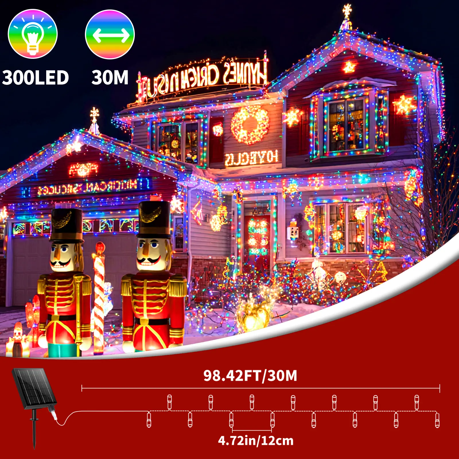Solar Icicle Christmas Lights, IP65 Waterproof, 30m+98in 300LED, 2500mA, USB Dual Power Supply, 8 Modes, Timed Remote Control, Connectable for Roof Eaves, Party