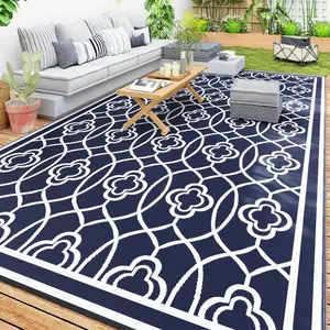 9' x 18' Reversible Outdoor Rug – Blue & White Lantern Pattern. Double-Sided – 2 Color Schemes. Waterproof Plastic Straw. Includes Carry Bag. Perfect for RV, Camping or Patio