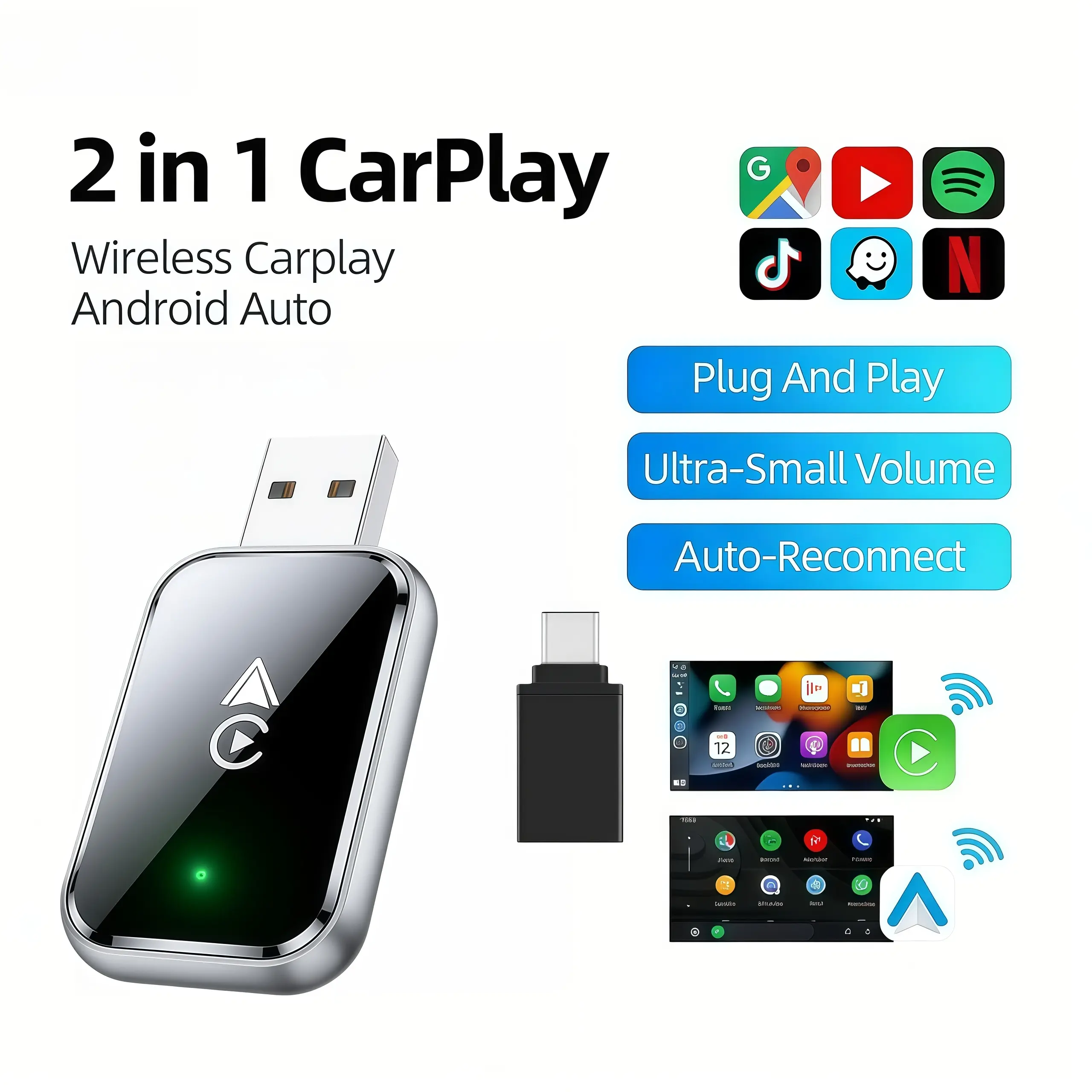 2027 New Upgrade Latest Glass Feel Dual-Mode Wireless Carplay Adapter, Compatible with Apple & Android Systems, Wired to Wireless Conversion Audio