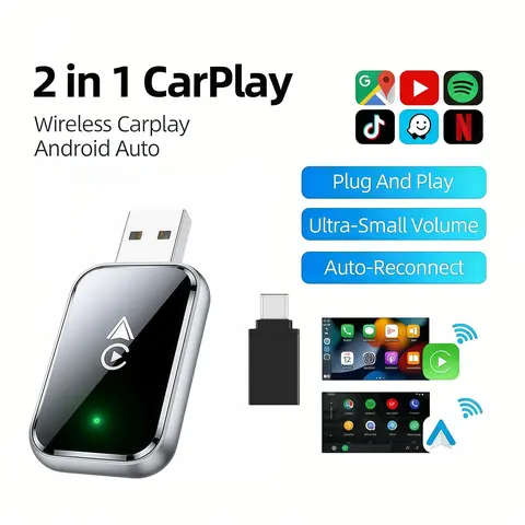 2027 New Upgrade Latest Glass Feel Dual-Mode Wireless Carplay Adapter, Compatible with Apple & Android Systems, Wired to Wireless Conversion Audio