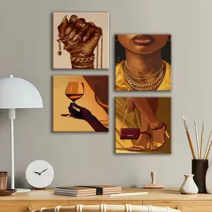 4 Count the wooden frame canvas, luxurious black and gold style women's fashionable four-panel decorative poster, fashionable decoration for living room and bedroom, exquisite family poster, corridor and wall hanging picture, waterproof art