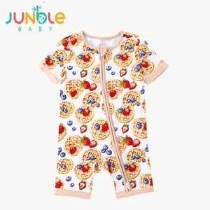 JUNBLEBABY Bamboo Fiber Casual Bodysuit, Short-Sleeved 1-Piece Play Suit with Double Zipper & Strawberry Waffle Cake Print