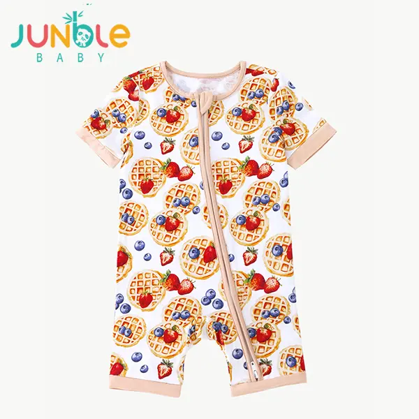 JUNBLEBABY Double-Zipper Bamboo Romper - Short Sleeve, Soft Breathable Waffle Strawberry Print Jumpsuit, Baby Clothes Girl, Bamboo Outfit for 3-24 Months Toddlers