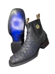 Men's Elegant Blue Leather Piton Print Button-Closure Shoe, Decor-Enhanced Stylish Footwear for Daily Wear