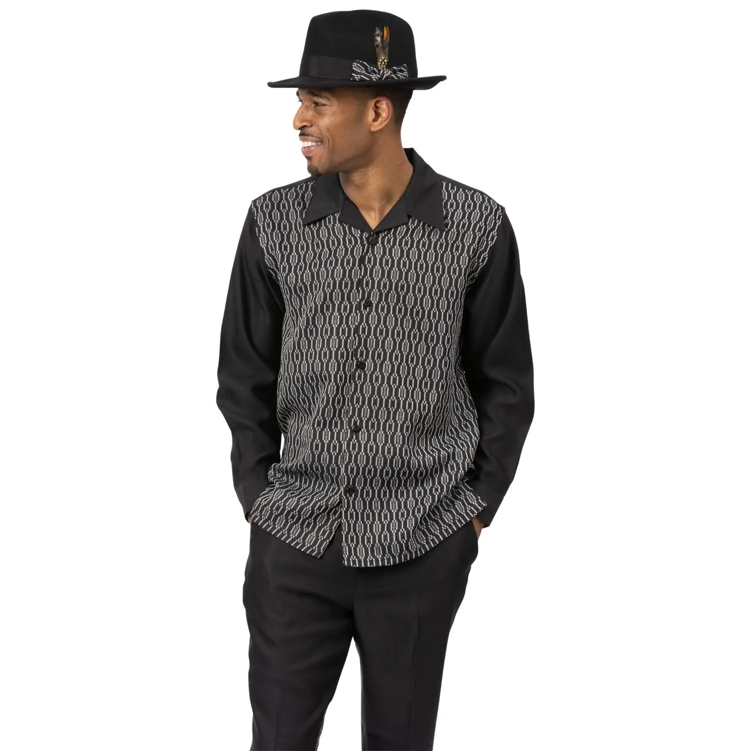 Men’s Black White Monochromatic Walking Suit – 2 Piece Long Sleeve Set