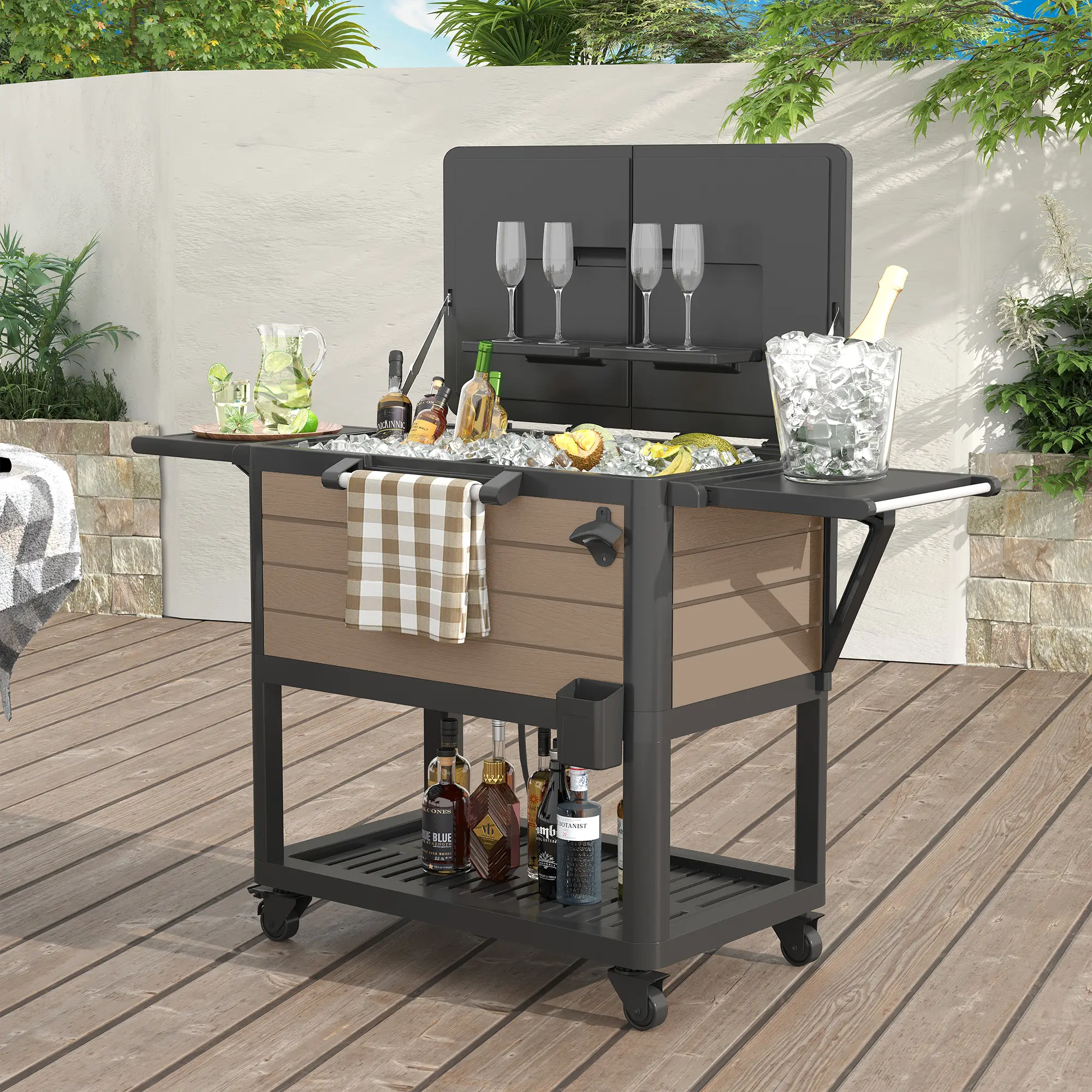 AMOPATIO Outdoor Cooler Cart with Wheels, 80 QT / 26 Gal Rolling Ice Chest, Heavy Duty Beverage Bar Cart with Bottle Opener & Storage Shelves for Patio Backyard Party BBQ