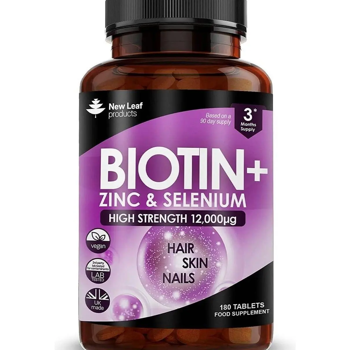 Biotin Hair Growth Vitamins 12000mcg High Strength with Coconut Oil - Promotes Healthy Hair Skin & Nails - Biotin Vitamins for Women& Men Vegan, Gluten Free Supplements - Made in The UK by New Leaf
