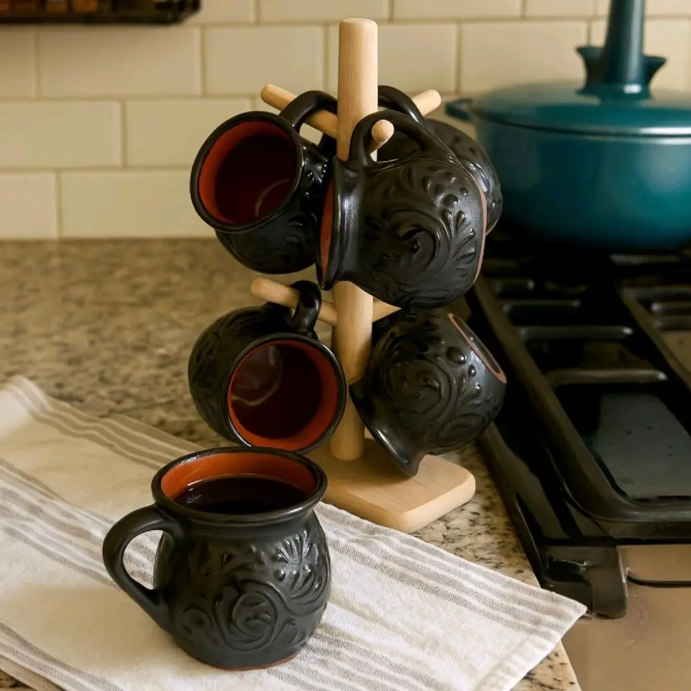 Handcrafted Talavera Mug (Set of 6) With Stand | Black Color