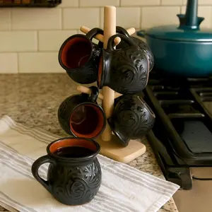 Handcrafted Talavera Mug (Set of 6) With Stand | Black Color