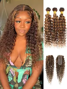 ALHER 12A Honey Blonde Highlight 2x6 HD Lace Closure with Bundles Deep Wave Human Hair P4/27 Ombre Brown Curly Brazilian Weave Thick Track 3 Bundles with Free Part 4x4 Closure 12A 100% Virgin Hair Bundles with HD Lace Frontal Pre Plucked