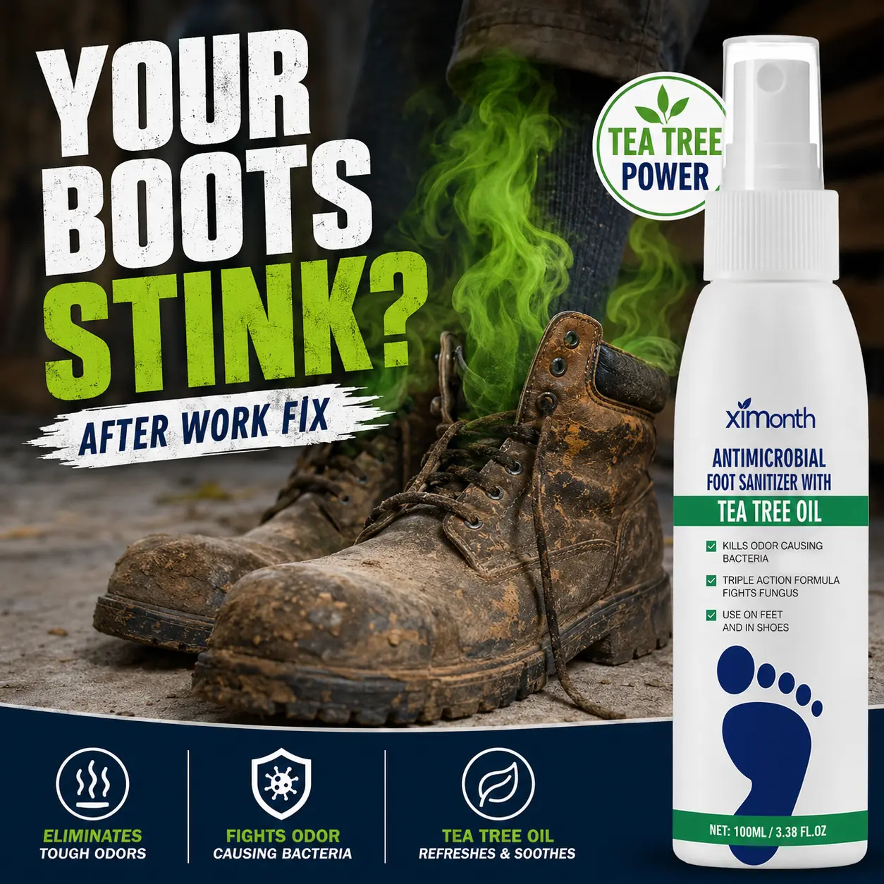 Ximonth Tea Tree Oil Antimicrobial Spray Sanitizer, 100ML Daily Bottle, Triple Action for Athlete’s Nail Fungus & Bacteria Kills Odor antibacterial long-lasting, Moisturizing, Liquid foot and shoe