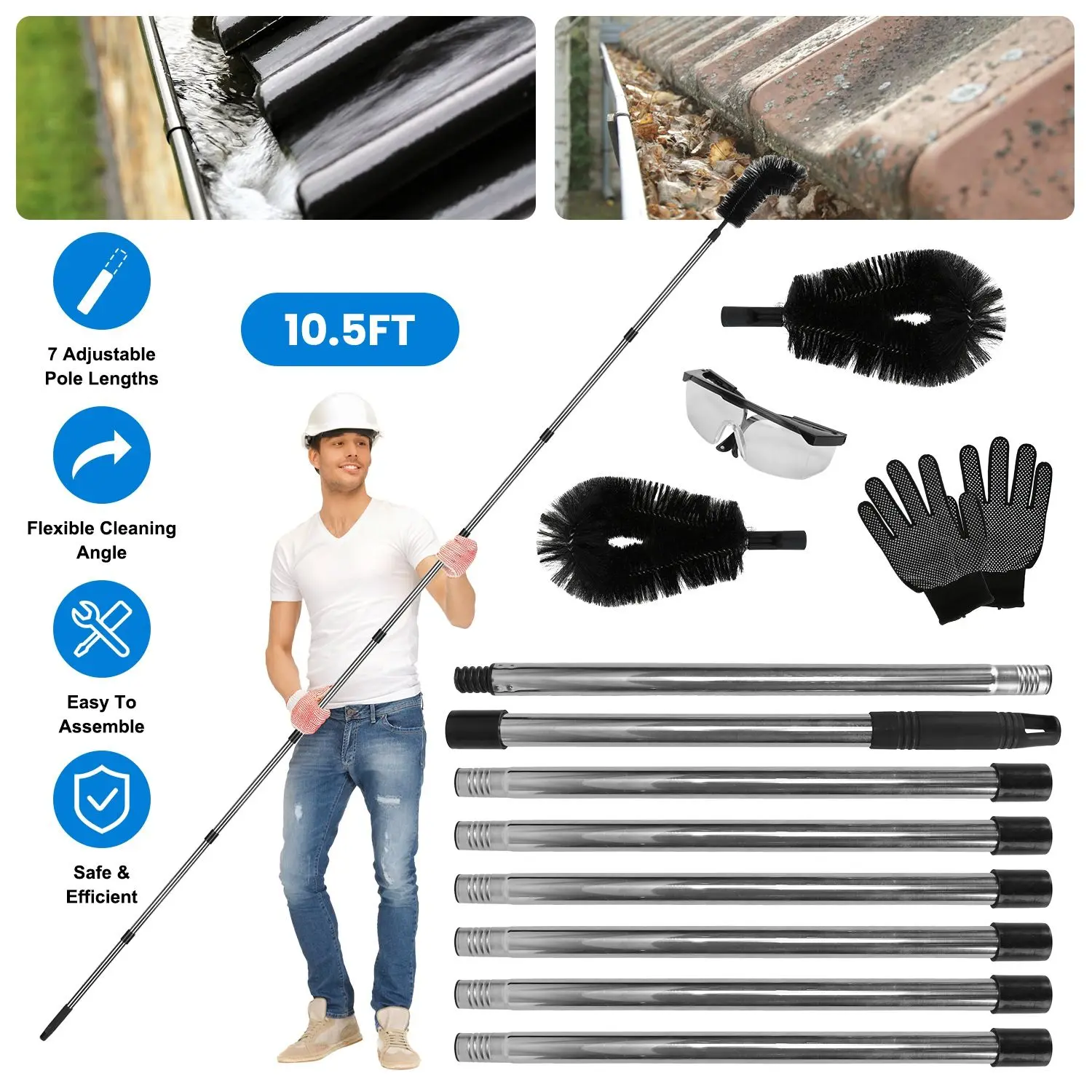 10.5FT Extendable Gutter Cleaning Brush Set (No Ladder Needed!) with Safety Gear