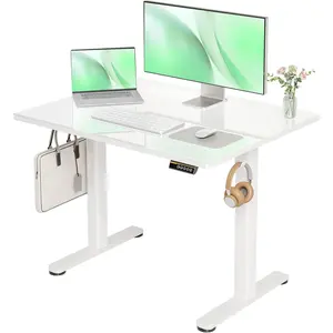 Glass Standing Desk, Small Electric Standing Desk Adjustable Height, 40 Inch Adjustable Stand Up Desk, Quick Install Home Office Computer Desk, Super White