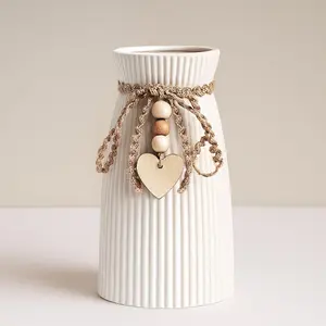 White Ceramic Vase, 6.3" Tall Small Flower Vase for Pampas Grass, Home, Living Room, Dining Table, Farmhouse, Office Decor, Bedroom, Table, Kitchen Shelf, Minimalist Modern Home Decoration