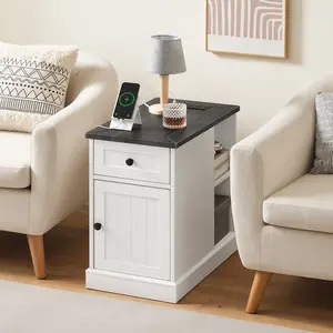 HOOBRO End Table with Charging Station, Side Table with Outlets and USB Ports, Bedside Table with Drawer and Cabinet, Nightstand with Storage, Farmhouse Style, for Living Room, Bedroom, Study, Office, White and Charcoal Gray