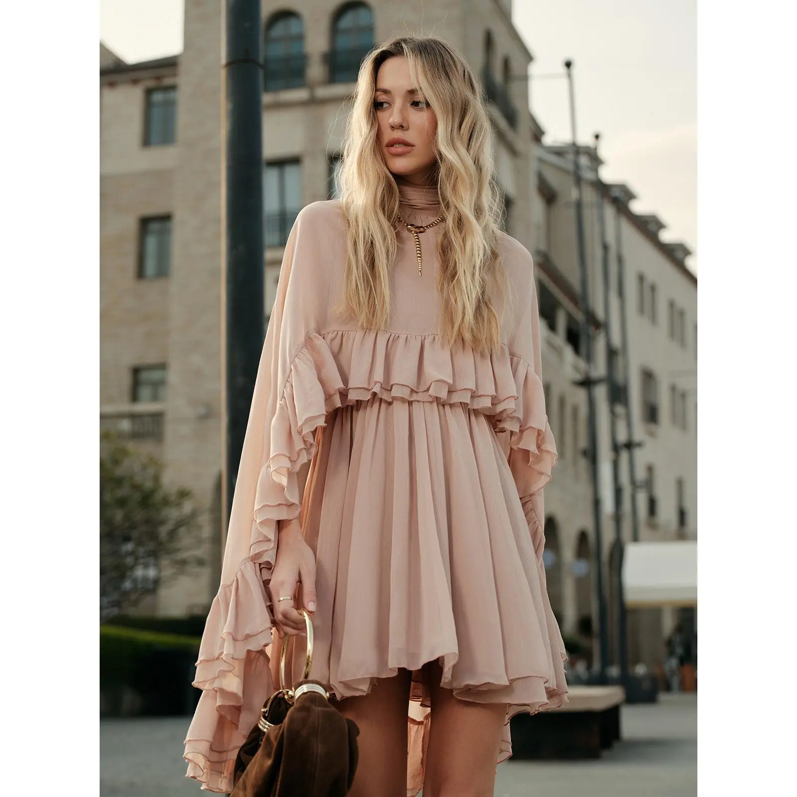 Semi-Sheer Chiffon Ruffle Dress With Outer Cape Bohemian Summer Outfit Pink - TikTok Shop Semi-Sheer Chiffon Ruffle Dress With Outer Cape Bohemian Summer Outfit Pink - TikTok Shop