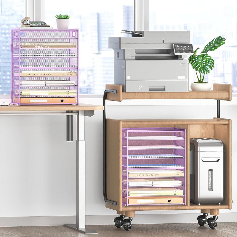9 Tier Paper Letter Tray Desk Organizer with Handles - Purple Metal Mesh File Holder Paper Sorter Desk Organizer for Office  School, Include 6 count Adjustable Slid Tray, 6 Colors