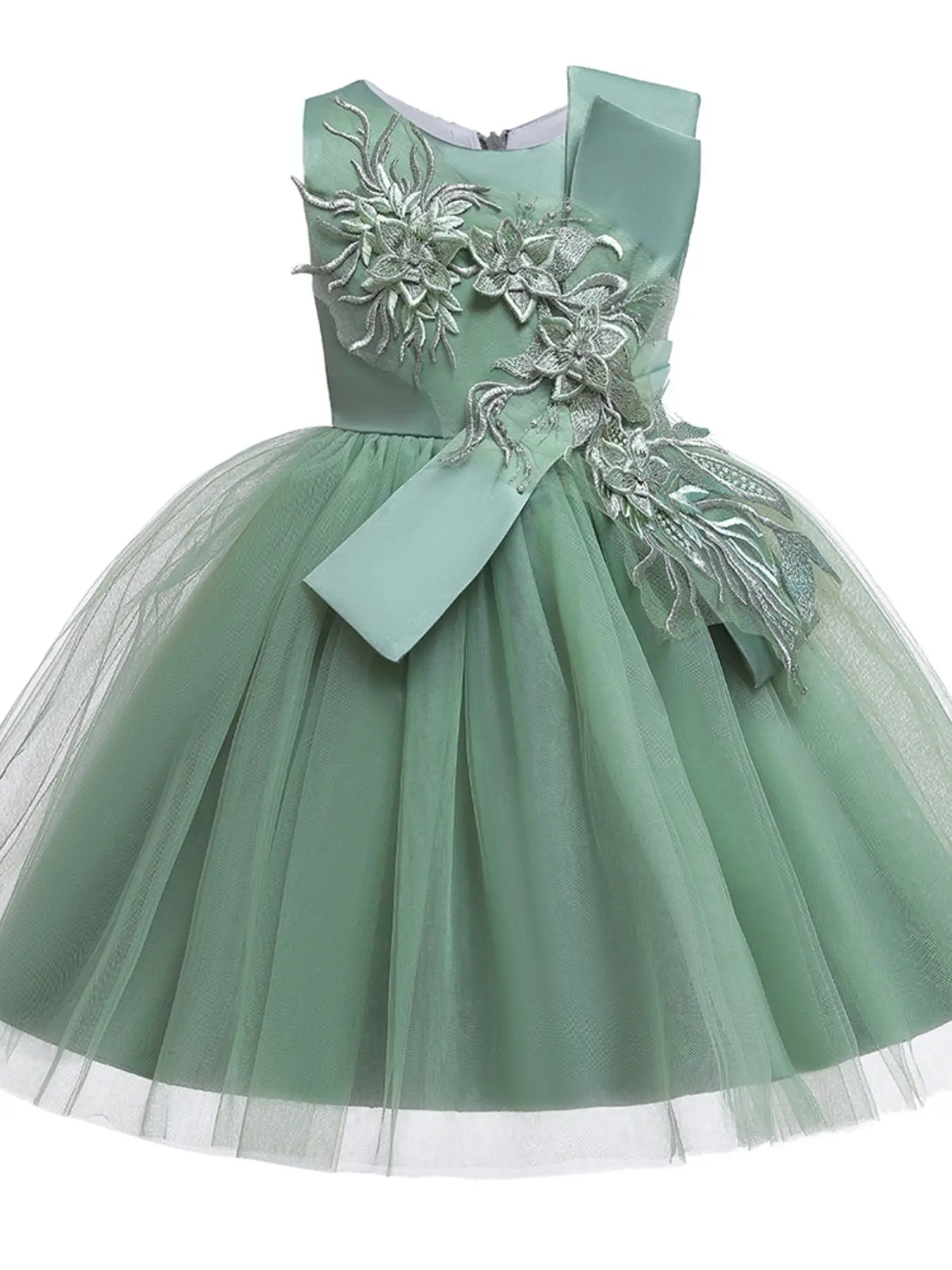 Girl's Floral Embroidery Bow Back Satin Fit & Flare Formal Dress, Elegant Sleeveless Zipper Back Tulle Party Dress for Performance Show Wedding Guest,