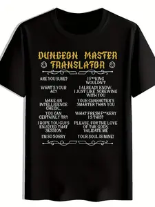 Men's Black Dungeon Master Translator Humorous RPG T-Shirt - Hexagon Dice Icons & Multilingual Text Design, Casual Short Sleeve Round Neck Summer Tee for Tabletop Gaming Fans