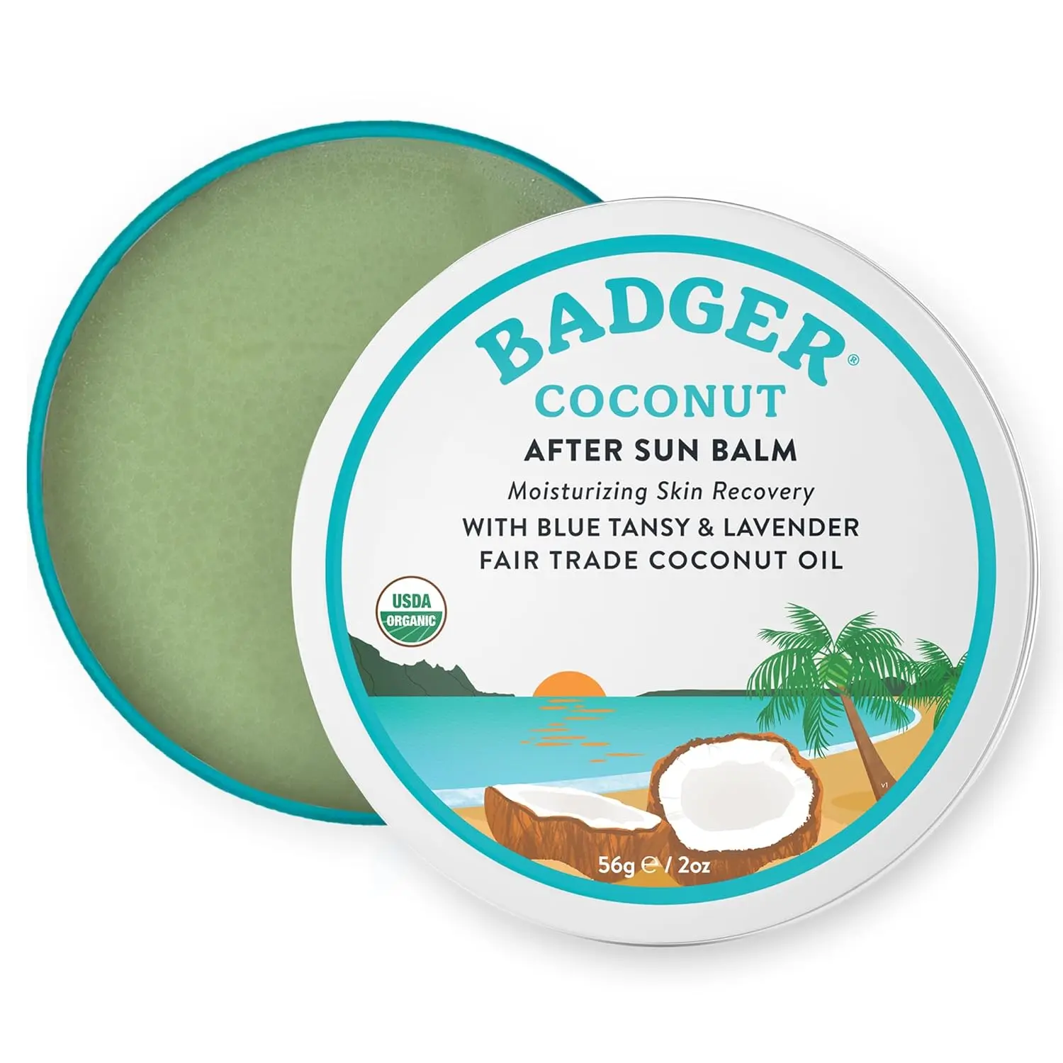 Badger Coconut AfterSun Balm, 100% Organic 2 oz Tin, Sunburn Relief, Soothing, Great-Smelling Body Moisturizer for Post-Sun Skin Care