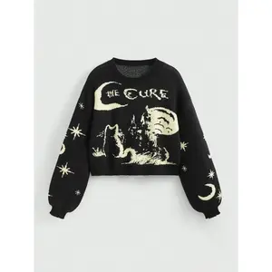 Women’s Fairycore Vintage Halloween Cat Star Moon Jacquard Knit Pullover Sweater, Casual Crew Neck Long Sleeve Top