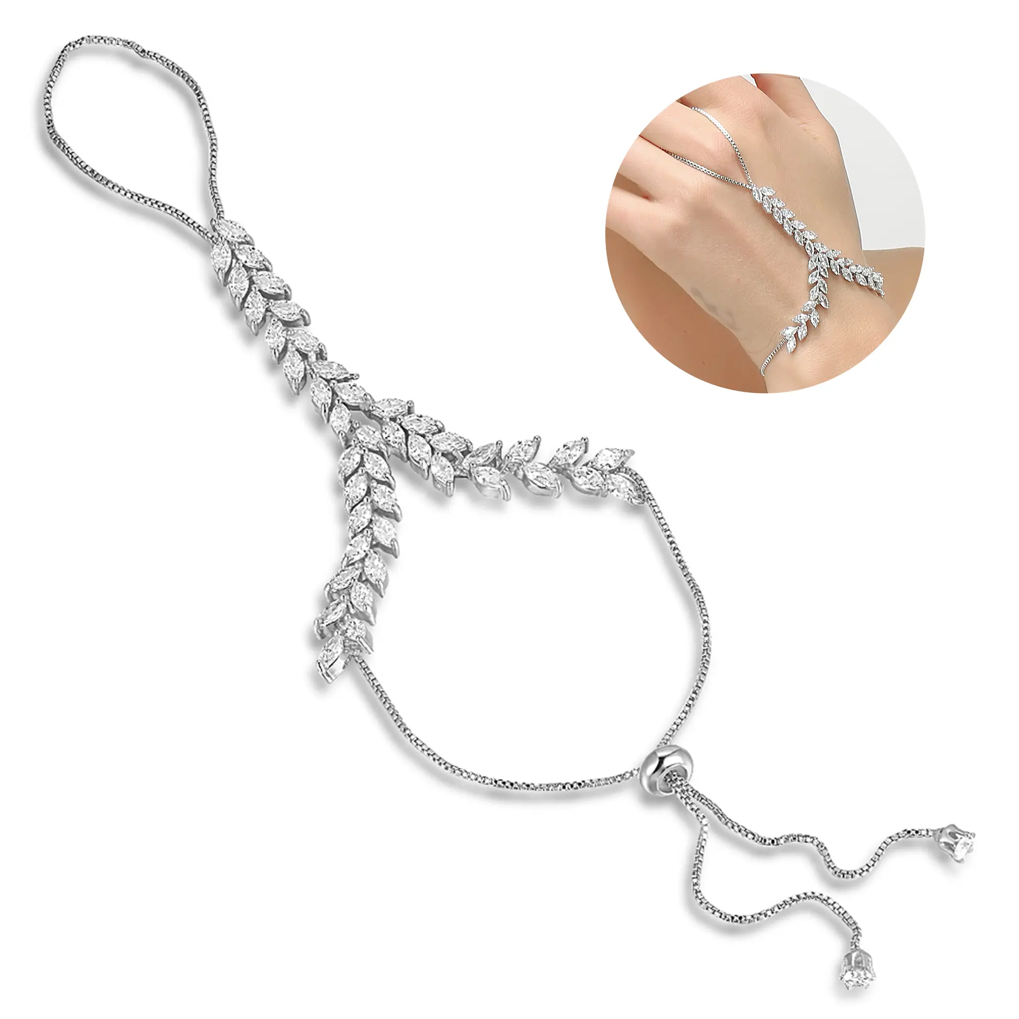 Aprilery CZ Chain Hand Harness Bracelet for Women | Adjustable Slave Chain Statement Jewelry