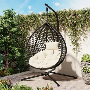Foldable Hanging Egg Chair with Stand, Outdoor Rattan Swing Chair with Removable Cushion, Indoor/Outdoor Hammock Chair for Patio, Balcony & Bedroom