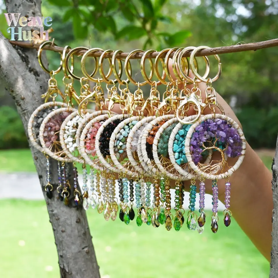 Handmade Amethyst Tree of Life Dream Catcher Keychain - Handmade Charm with Natural Stone Round Pendant, Unisex Wear Everyday Daily Bag Accessory for Luggage & Bags, Car Ornament Gift, Turquoise