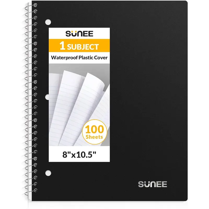 College Ruled Paper, x 101/2", 100 Sheets per Notebook, 3Hole Punched Paper, Water Resistant Cover, Doublesided Pockets, Spiral Lined Notebooks for Work, Black