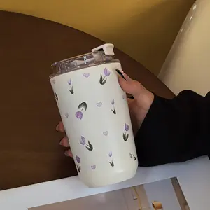 Hand-Painted Tulip Stainless Steel Insulated Cup Tumbler, 280ML-380ML Dual-Layer Thermal Bottle Insulated Flask for Gym Office Home Travel Gifts