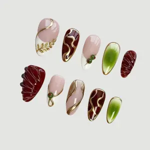 Luxury Martini Girl Press-On Nails, Short Almond Handmade Design with Olive Green & Burgundy Tortoise Art and Gold Lines, Gift for Nail Art Enthusiasts