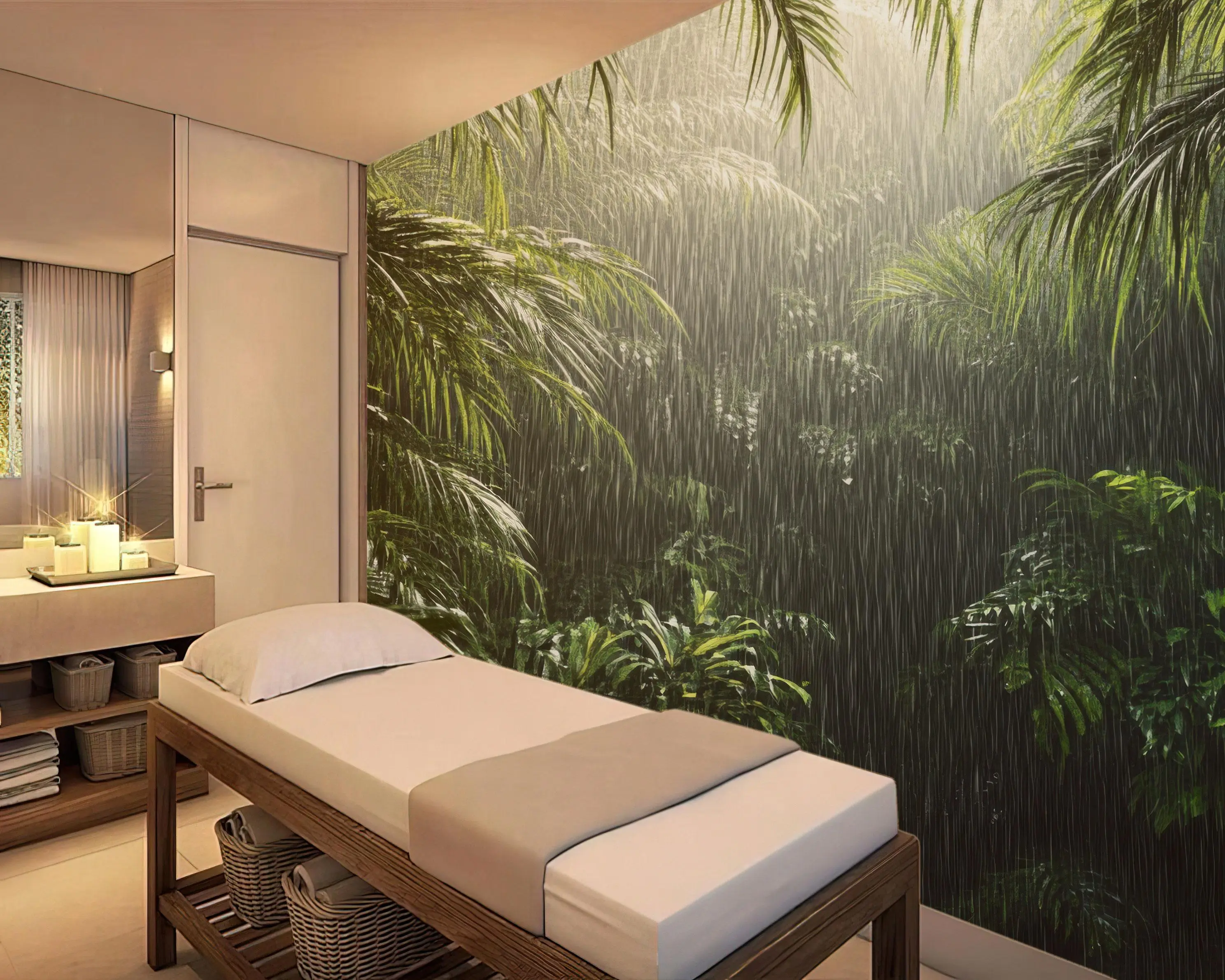 Moody Tropical Jungle Rain Wallpaper – Peel and Stick Wall Mural for Coffee Shop, Spa, or Hotel Lounge Decor