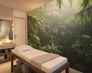 Moody Tropical Jungle Rain Wallpaper – Peel and Stick Wall Mural for Coffee Shop, Spa, or Hotel Lounge Decor