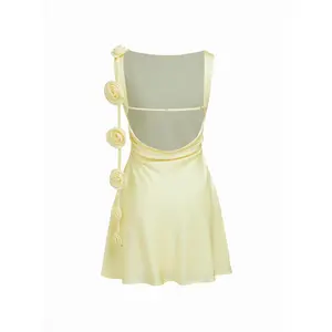 Cider Women's Satin Boat Neck Backless Flower Mini Casual Dress