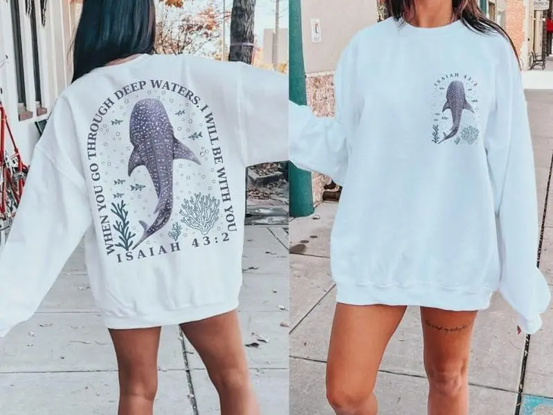 Bible Verse T-shirt, Crewneck Sweatshirt | Whale Shark Shirt | Shark Shirt | Jesus T-shirt | Beach Tee | Isaiah 43:2 | Christian Ocean Shirt | Faith t-shirt