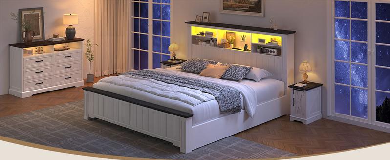 Raybee Full Queen King Bed Frame with 4 Storage Drawers, LED and Charging Station, Farmhouse Bed Frame with Headboard and Metal Slats, Holds 900LBS, Noise-Free Raybee Full Queen King Bed Frame with 4 Storage Drawers, LED and Charging Station, Farmhouse Bed Frame with Headboard and Metal Slats, Holds 900LBS, Noise-Free